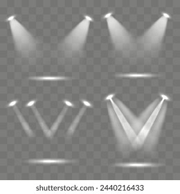 Scene illumination collection, transparent effects. Bright lighting with spotlights.