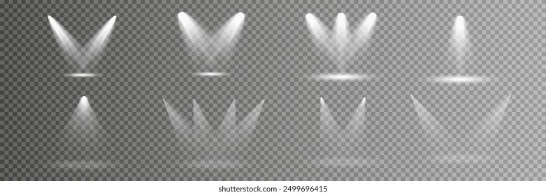 Scene illumination collection, transparent effects. Bright lighting with spotlights.