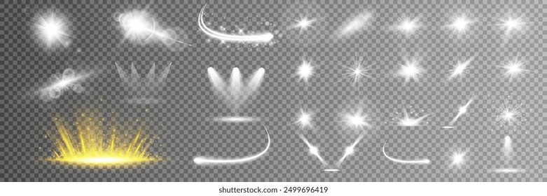 Scene illumination collection, transparent effects. Bright lighting with spotlights.