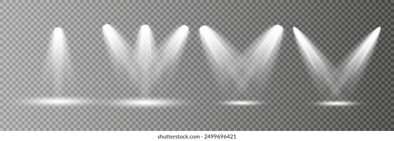 Scene illumination collection, transparent effects. Bright lighting with spotlights.
