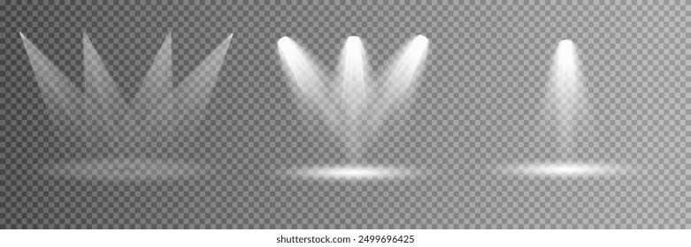 Scene illumination collection, transparent effects. Bright lighting with spotlights.