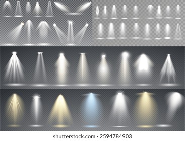 Scene illumination collection, transparent effects. Bright lighting with spotlights.
