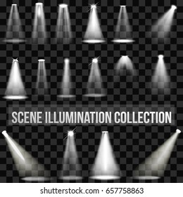Scene illumination collection, transparent effects. Bright lighting with spotlights.