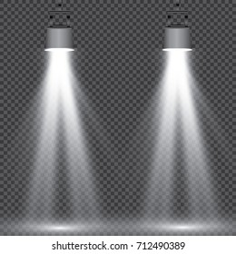 Scene illumination collection, transparent effects. Bright lighting with spotlights.