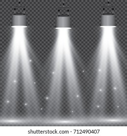 Scene illumination collection, transparent effects. Bright lighting with spotlights.
