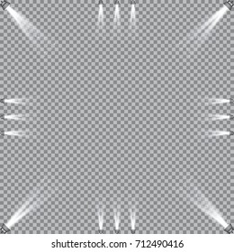 Scene illumination collection, transparent effects. Bright lighting with spotlights.