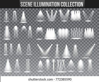 Scene illumination collection, transparent effects. Bright lighting with spotlights. Vector Illustration