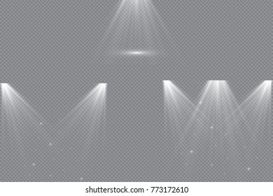 Scene illumination collection, transparent effects. Bright lighting with spotlights.
