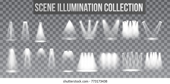 Scene illumination collection, transparent effects. Bright lighting with spotlights. Vector Illustration