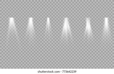 Scene illumination collection, transparent effects. Bright lighting with spotlights.