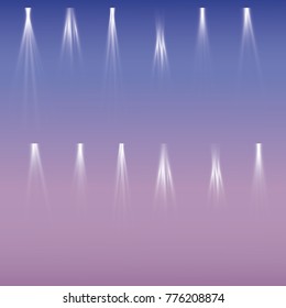 Scene illumination collection, transparent effects. Bright lighting with spotlights.
