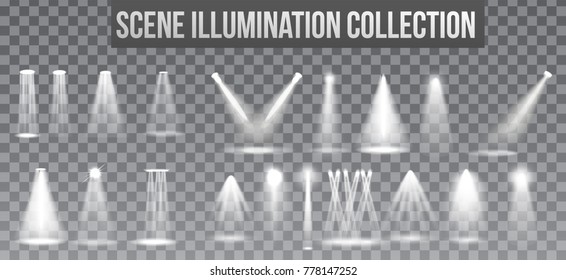 Scene illumination collection, transparent effects. Bright lighting with spotlights. Vector Illustration