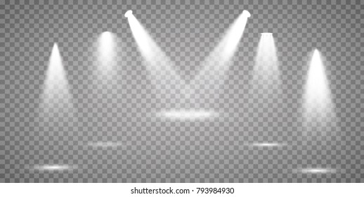 Scene illumination collection, transparent effects. Bright lighting with spotlights.