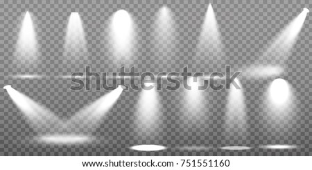 Scene illumination collection, transparent effects. Bright lighting with spotlights.