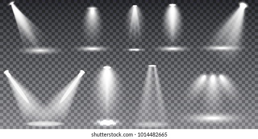 Scene illumination collection, transparent special effects. Bright lighting with spotlights.