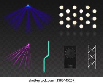 Scene illumination disco set isolated on transparent background Glowing studio light effects Bright spotlights, laser neon rays, steel rack for lamp, loud speaker dynamic realistic vector illustration