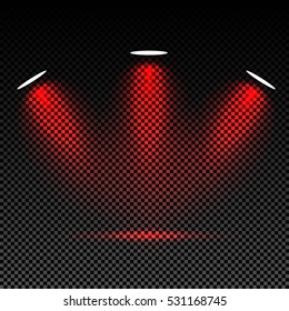 Scene illumination effects on checkered transparent background.
Colorful bright lighting of spotlights. Vector illustration.