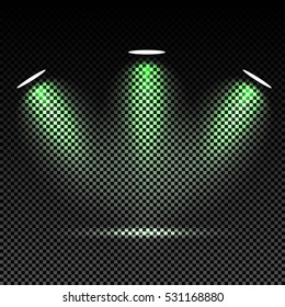 Scene illumination effects on checkered transparent background.
Colorful bright lighting of spotlights. Vector illustration.