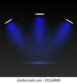 Scene illumination effects on checkered transparent background.
Colorful bright lighting of spotlights. Vector illustration.