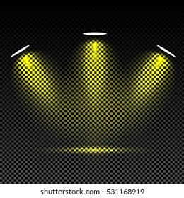Scene illumination effects on checkered transparent background.
Colorful bright lighting of spotlights. Vector illustration.