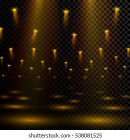 Scene illumination. Gold light effect. Stage illuminated spotlight on black transparent background. Vector illustration.