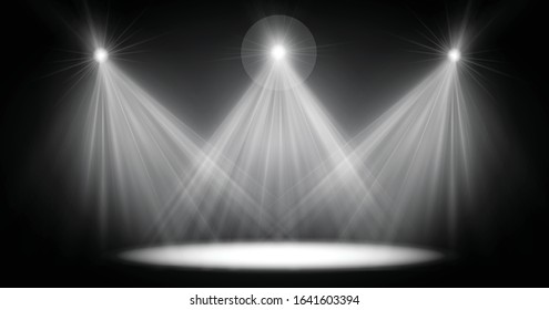 Scene illumination light, vector transparent flash light effect, sunlight special lens. Bright gold flashes and lighting with spotlights. Spot lighting of the stage.