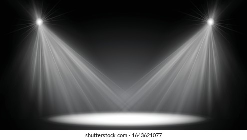Scene illumination light, vector transparent flash light effect, sunlight special lens. Bright gold flashes and lighting with spotlights. Spot lighting of the stage.