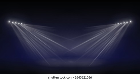 Scene illumination light, vector transparent flash light effect, sunlight special lens. Bright gold flashes and lighting with spotlights. Spot lighting of the stage.