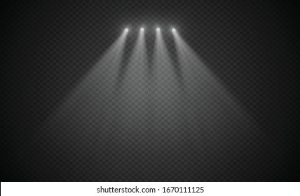 Luz de iluminación de escena, efecto de luz de flash transparente vectorial, lente especial de luz solar. Luces doradas y luminosas con focos. Luces claras del escenario.