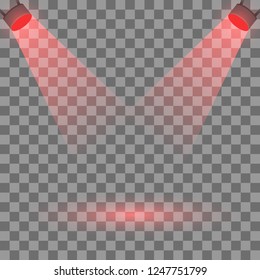Scene illumination, Lightlighting with spotlights, transparent background, light rays. Vector illustration.