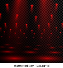 Scene illumination. Red light effect. Stage illuminated spotlight on black transparent background. Vector illustration.