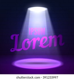 Scene illumination. Shine effects on a dark grunge wall background. Bright lighting with spotlights and glow effects