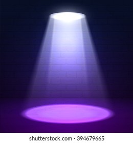Scene illumination. Shine effects on a dark grunge wall background. Bright lighting with spotlights and glow effects
