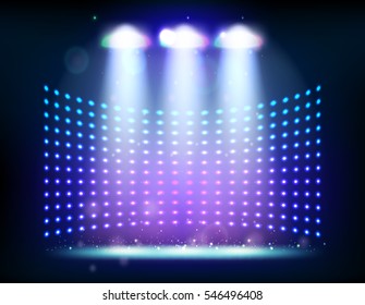 scene illumination show, bright lighting with spotlights, floodlight disco vector illustration