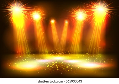 scene illumination show, bright lighting with gold spotlights, floodlight disco vector illustration eps 10