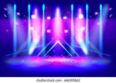 scene illumination show, bright lighting with spotlights, floodlight disco vector illustration