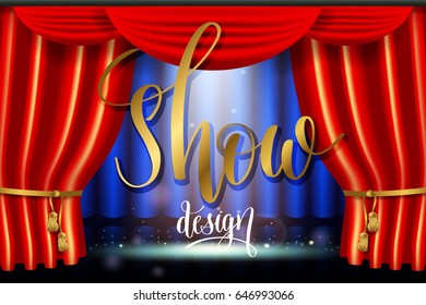 scene illumination show, bright lighting spotlight effect with realistic red curtain, stage in the theater background vector illustration