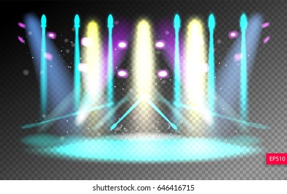 scene illumination show on transparency background, bright lighting with spotlights, floodlight disco vector illustration