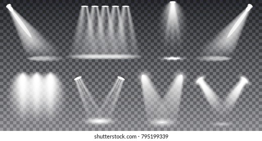 Scene illumination  spotlights collection, transparent effects. Bright lighting with. Vector Illustration