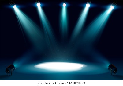 Iluminación de escena, efectos transparentes sobre un fondo oscuro y oscuro. Luces luminosas con focos.eps10