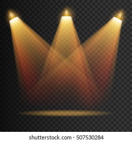 Scene illumination transparent effects on a plaid dark background. Bright yellow lighting with isolated spotlights. Vector EPS10