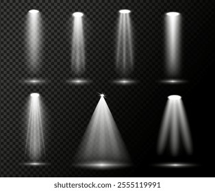 Scene illumination vector set. Set of light effects isolated on transparent background. Bright lighting with spotlights on stage