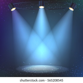 Iluminación de escena, en un fondo oscuro. Luces luminosas con focos.
