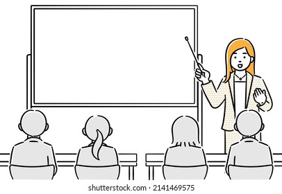 It is a scene illustration of a seminar lecturer (female) and people listening to the explanation.
Vector data that is easy to edit.