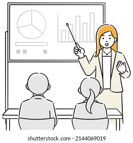 It is a scene illustration of a seminar lecturer (female) and people listening to the explanation.
Vector data that is easy to edit.