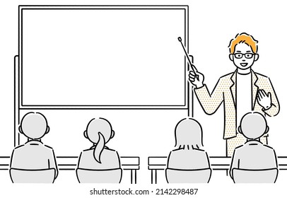 It is a scene illustration of a seminar lecturer (male) and people listening to the explanation.
Vector data that is easy to edit.