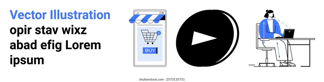 Scene includes a smartphone with a shopping cart and buy button, a play button icon, and a person working on a laptop. Ideal for e-commerce, digital marketing, e-learning, remote working