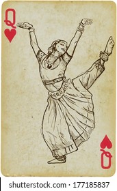 The scene of Indian culture: Indian beauty dancing. Vector hand drawn illustration (drawings on old card in the bottom layer).