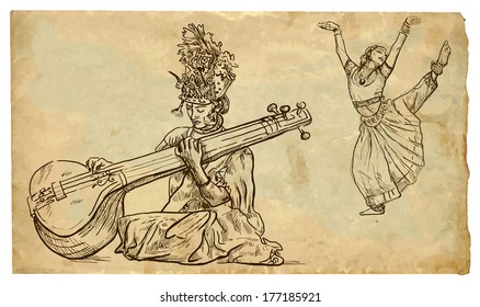 The scene of Indian culture: Indian beauty playing the tanpura and the other beauty dancing. Vector hand drawn illustration (drawings on vintage paper in the bottom layer).