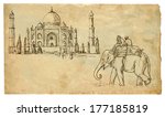 The scene of Indian culture: Two people on an elephant outside the palace. Vector hand drawn illustration (drawings on vintage paper in the bottom layer).